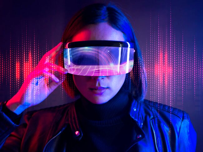 Woman with smart glasses futuristic technology metaverse